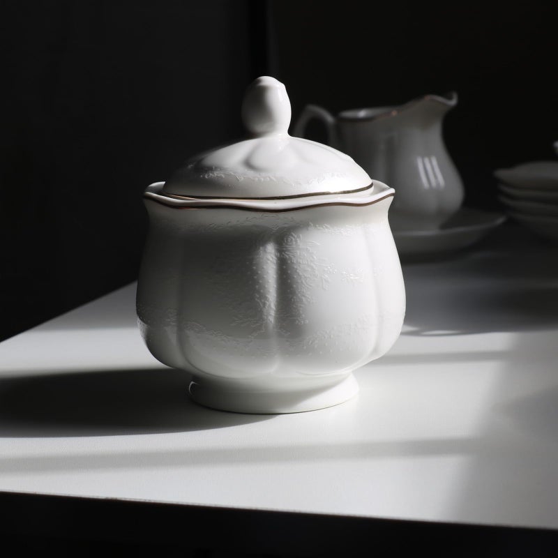 GuangYang 15-pcs Porcelain Tea sets for Adults, Off White Embossed Pattern with Gold Trim (A set Included 1 Teapot, 1 Sugar Bowl, 1 Cream Pitcher, 6 Cups and 6 Saucers) - Image 5